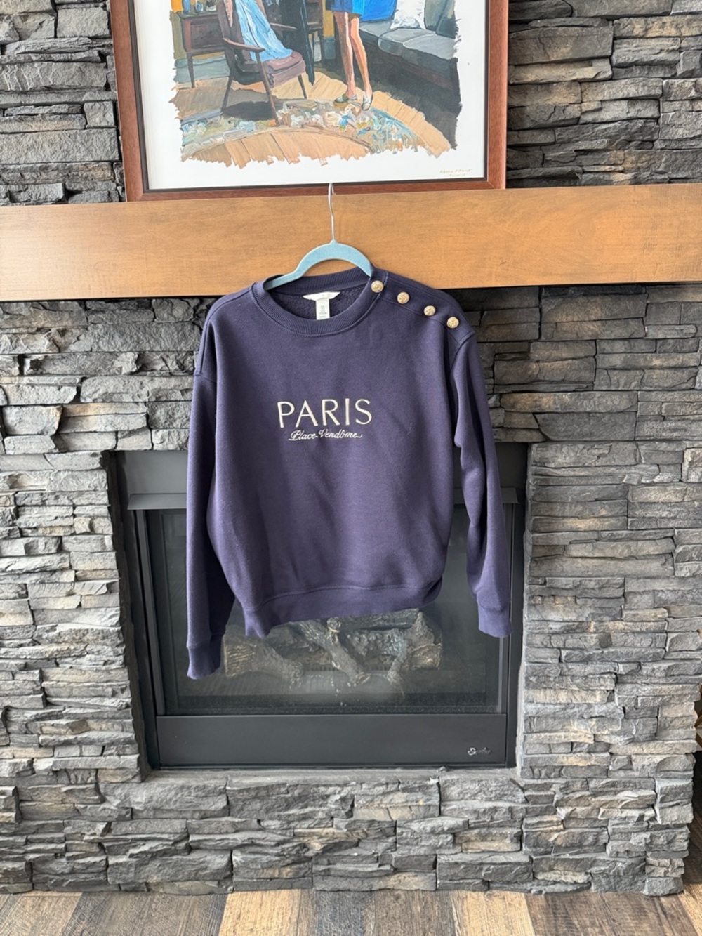 H&M Navy Blue 'PARIS' Crewneck Sweatshirt with Gold Buttons